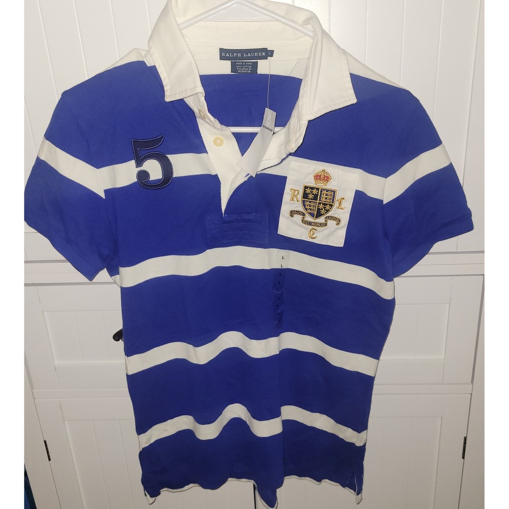 Ralph Lauren Mens Blue White Striped Rugby Polo Shirt Crest Patch Size L NWT